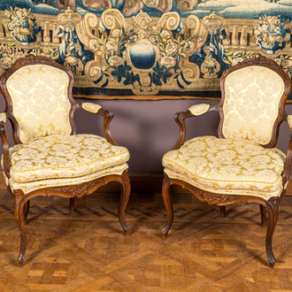A pair of French Louis XV walnut chairs, 18th C.