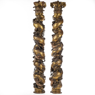 A pair of twisted and partly gilt wooden columns with birds and grapevines, prob. Italy, 17/18th C.