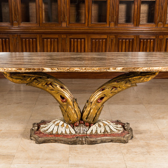 A polychromed and gilt wooden console table with onyx marble top, probably Italy, 19/20th C.
