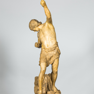 A patinated plaster sculpture of a young man on a raft, 20th C.
