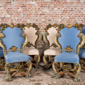 Six Italian baroque-style polychrome wooden 'fruit' chairs with silk upholstery, 19th C.