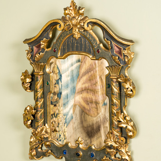 A painted and partly gilt carved wooden 'columns' mirror with cabochons, 19/20th C.