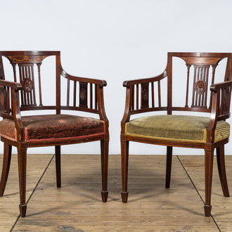 A pair of English neoclassical mahogany marquetry armchairs, 19th C.