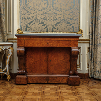 A French Empire-style rootwood veneered wooden console with a grey marble top, 19th C.