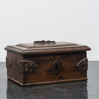 A walnut treasury box with wrought iron fittings, 17th C.