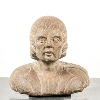 A brown stone bust of a male in armour, Northern Italy, 15th C.