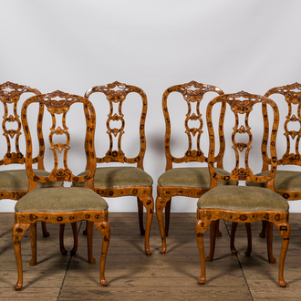 Six Dutch fruitwooden floral marquetry chairs, 19th C.