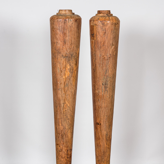 A pair of teak wooden columns on foot, Kerala, India, 19/20th C.