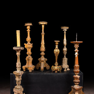 Six large partly gilt and painted wooden candlesticks, 18/19/20th C.