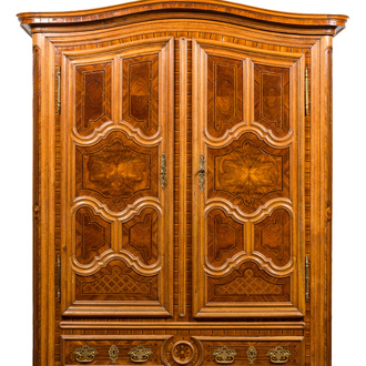 A German Louis XV-style two-door wardrobe with burl wood veneer, 19th C.