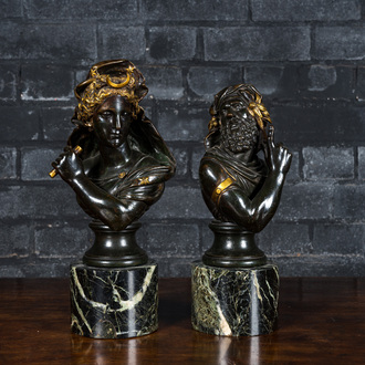In the manner of Frédéric Eugène Piat (1827-1903): A pair of busts after the antiques, patinated and gilt bronze on a marble base, 19th C.