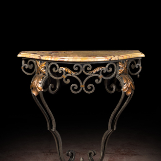 A wrought iron console with marble top, 20th C.