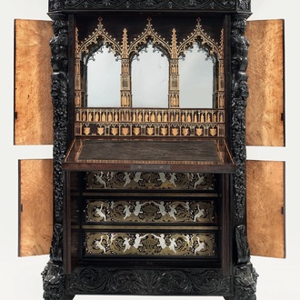 An exceptional Gothic Revival ebony and rosewood cabinet, unknown workshop in the greater Ghent area, 19th C.