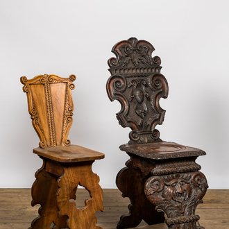Two Italian wooden sgabellos, one with mascarons, 19/20th C.