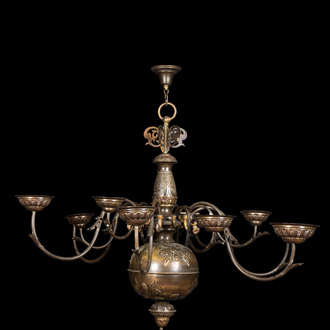 A large punched brass ball chandelier, 19th C.