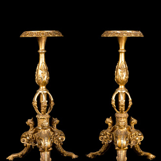 A pair of possibly Italian historicism gilt wooden pedestals, 19th C.