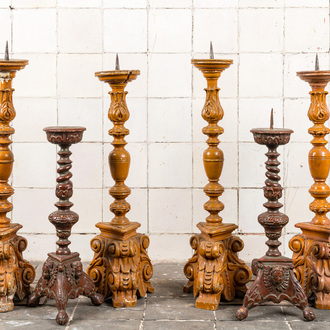 Three pairs of large painted wooden candlesticks, 19th C.
