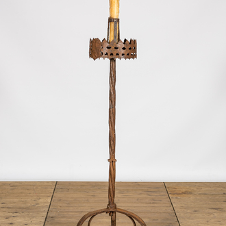 A twisted Gothic Revival wrought iron church candlestick, 19/20th C.
