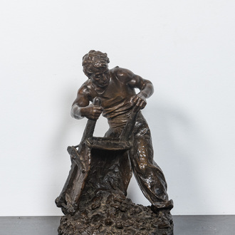 Jules A. Grosjean (?-1906): Miner with wheelbarrow, patinated bronze