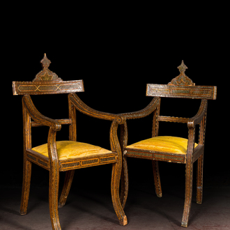 A pair of North African bone-inlaid wooden chairs with silk upholstery, 19th C