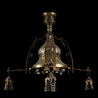 A large gilt and tinned copper and bronze chandelier in Mamluk style, Northern Africa, mid 20th C.