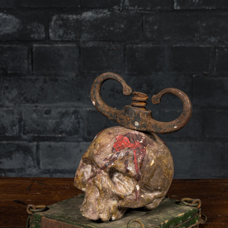 A macabre polychrome wood sculpture with a skull, 19/20th C.