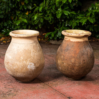 Two French partly glazed terracotta jars, one marked Antoine Rissy, 19/20th C.