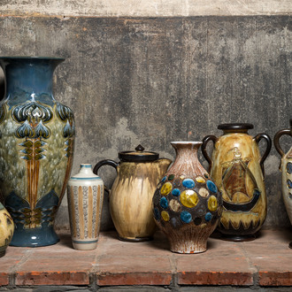 Seven polychrome glazed stoneware vases, a.o. Roger Guérin, Perignem, Losson and Dubois, 20th C.