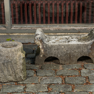 A carved stone double arch-shaped garden ornament and a bird bath, 19th and 20th C.