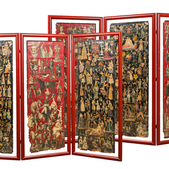 A pair of three-part red lacquered folding screens with collages of historical characters, 19/20th C.