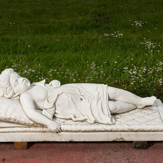 A white marble funerary monument with a sleeping young lady, 20th C.