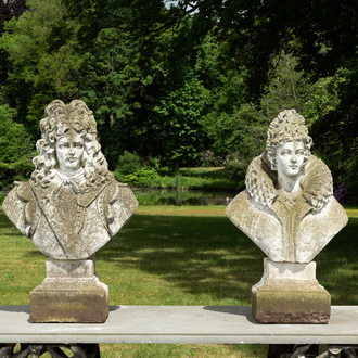 A pair of impressive composite stone busts of a couple of 17th C. royals, 20th C.