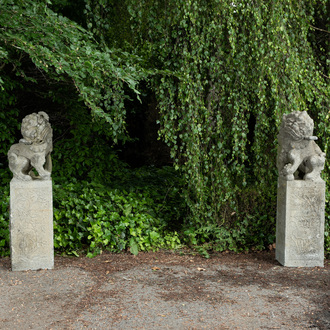 A pair of Chinese Ming-style basalt stone sculptures, 19/20th C.