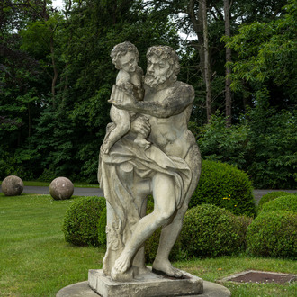A large limestone group with Pan and Eros, 19/20th C.