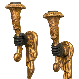 A pair of Italian gilt and blackened wood 'blackamore' wall appliques, 20th C.