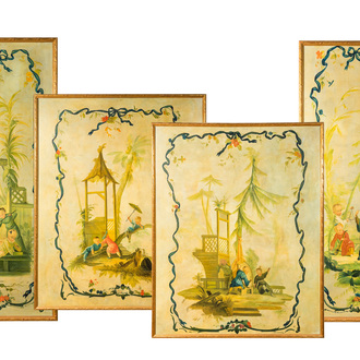 Four large painted canvases with chinoiserie scenes of playing boys, 20th C.