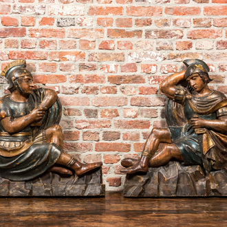 A pair of polychrome wooden sculptures of Roman soldiers, 18th C.