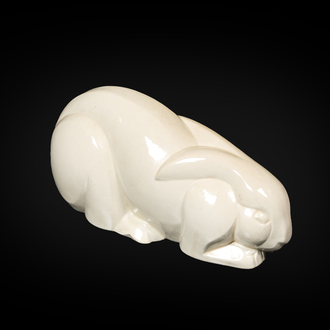 A white crackle-glazed faience Art Deco model of a hare or rabbit, Ch. Lemanceau for Saint-Clement, ca. 1930