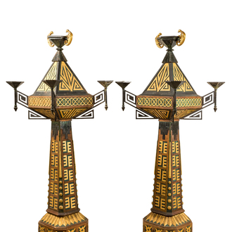 A pair of impressive partly green coloured and gilt wood, dark patinated iron and bronze Art Deco floor lamps, early 20th C.