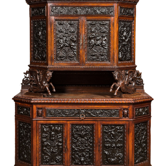 A carved oak buffet with stamped copper panels, 19/20th C.