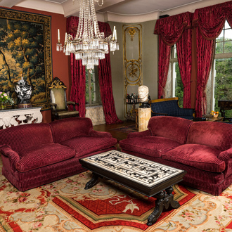 A pair of two-seaters with red velvet upholstery, 19/20th C.