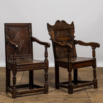 Two carved oak armchairs, probably England, 17th C. or later