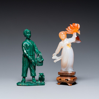 Two Chinese Cultural Revolution figures of girls in agate and malachite, 20th C.