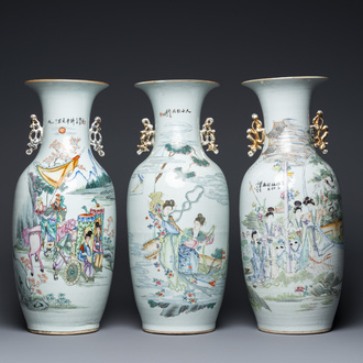 Three Chinese famille rose and qianjiang cai vases, 19/20th C.