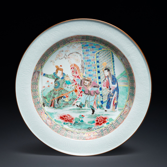 A rare large deep Chinese famille rose dish with fine figurative design, Yongzheng