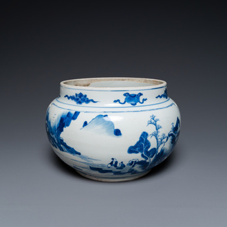 Bol en porcelaine de Chine en bleu et blanc à décor de figures dans un paysage, Kangxi