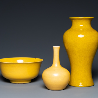 Two Chinese yellow-glazed vases and a bowl, 20th C.