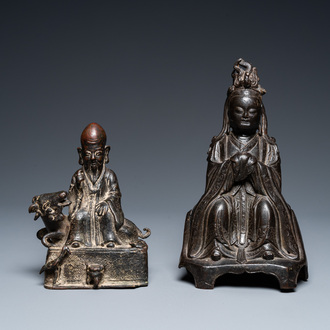 Two Chinese bronze sculptures of Shou Lao and Guanyin, Ming