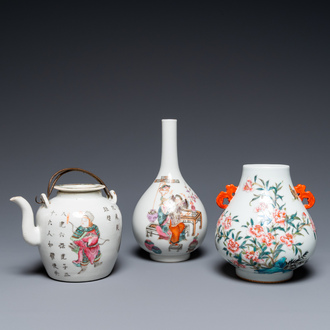 Two Chinese famille rose vases and a 'Wu Shuang Pu' teapot, 19/20th C.