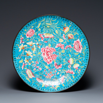 A large Chinese Canton enamel dish with floral design, Qianlong